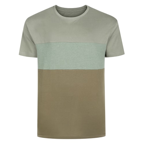 Front view of sage and olive colour block t-shirt.